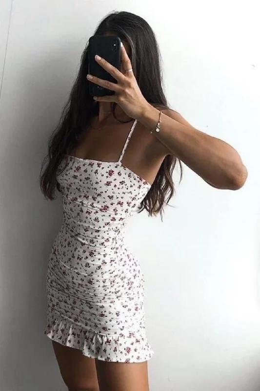 Women's Rope Strap Small Floral Patterned Side Pleated Frill Detailed Lined Dress