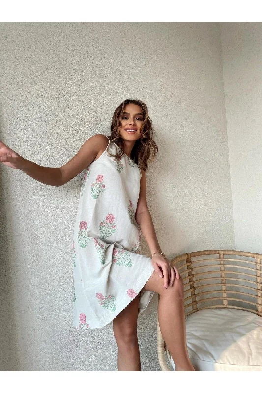 Beige-pink Crew Neck Beige-Marbling Pattern Sleeveless Linen Bell Dress
