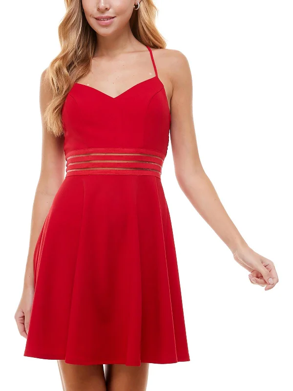 Juniors Womens Lace Back Polyester Fit & Flare Dress