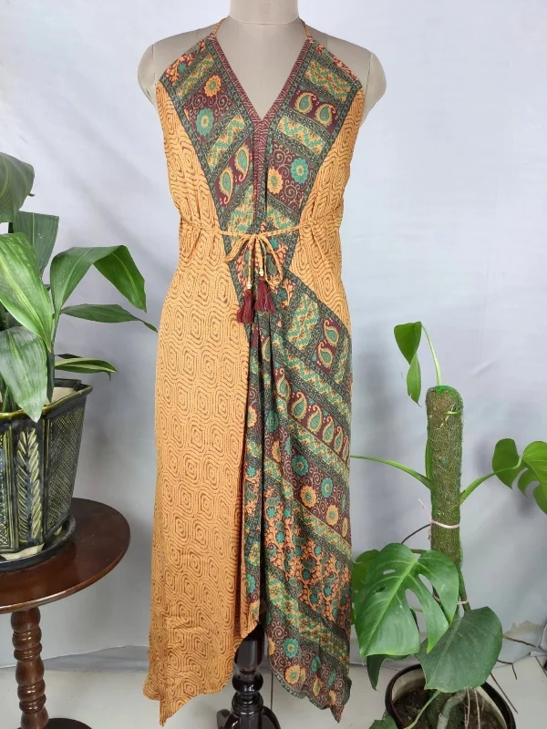 Boho Recycle Silk Magic Summer Maxi Halter Dress | Orange Hues Green Paisley