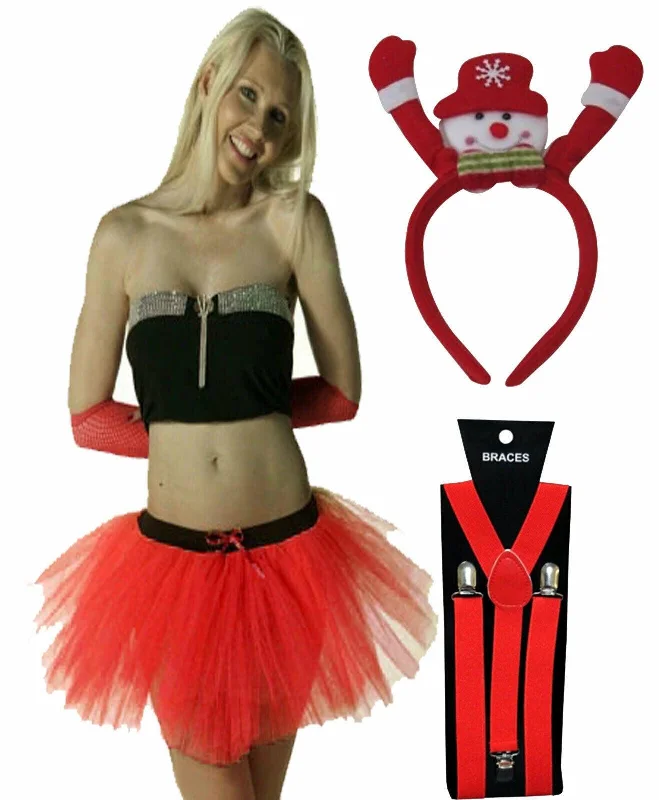 Ladies Snowman Aliceband Red Tutu Skirt Suspenders Christmas Fancy Dress
