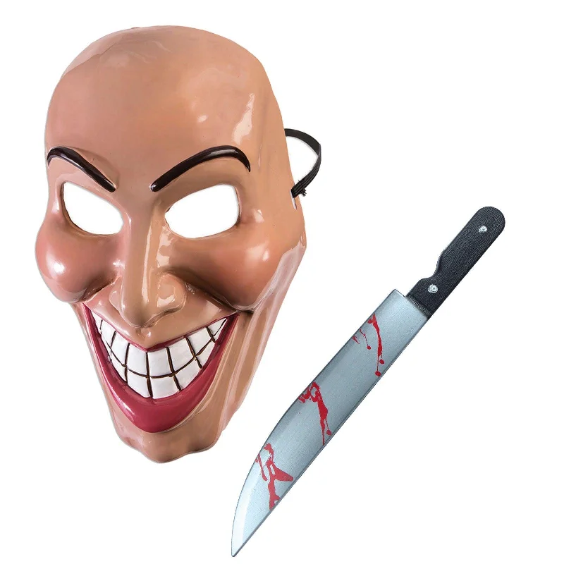 Female Evil Grin Purge Mask Fake Blooded Plastic Kitchen Knife 50 Cm Halloween Horror Scary Purge Fancy Dress Set