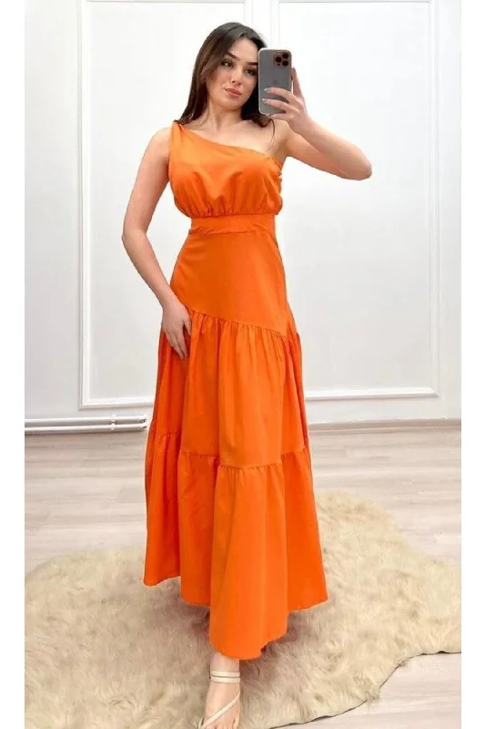 One Shoulder Maxi Poplin Dress