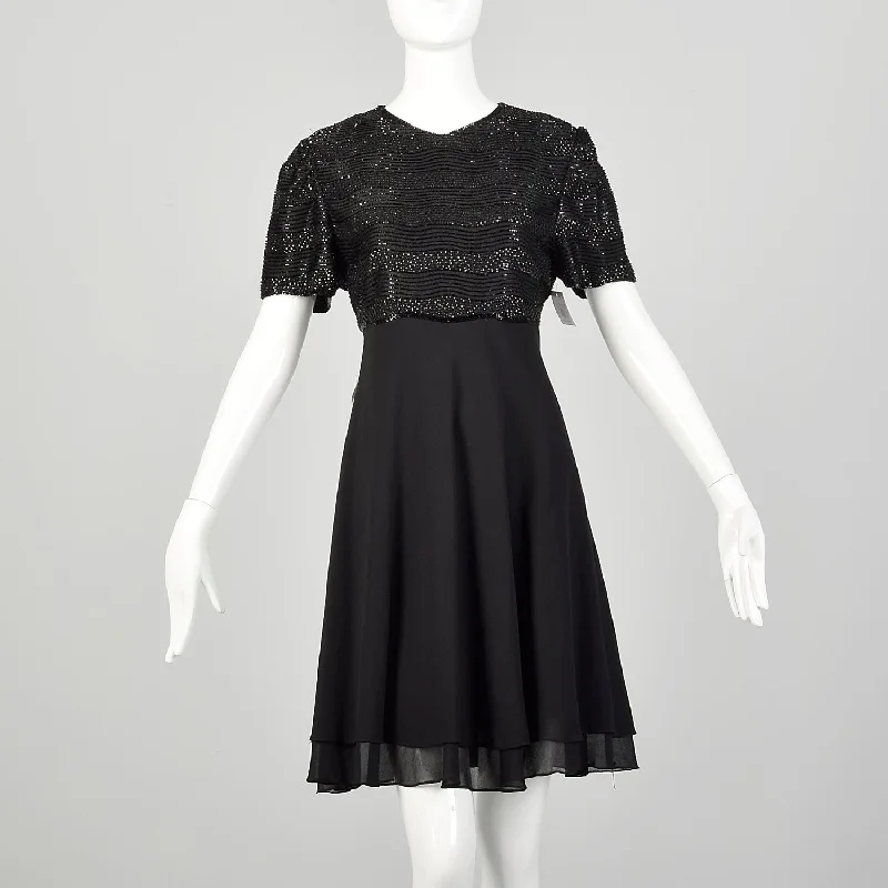 Medium 1990s Little Black Dress Beaded Short Sleeve Evening Cocktail Party LBD