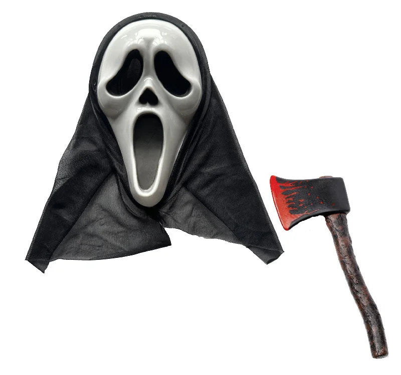 Hooded Scream Mask Ghost Killer Face Mask with Fake Blooded Axe - Halloween Horror Fancy Dress Set