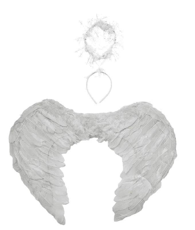 White Feather Wings with Angel Halo Ladies Girls Halloween Spooky Fairytale Princess Fancy Dress Party Costume