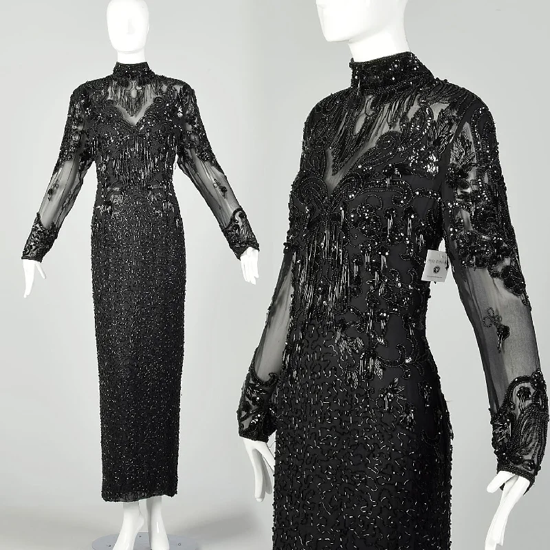 Medium D'ore Dress 1980s Silk Sexy Black Beaded Sheer Long Sleeve