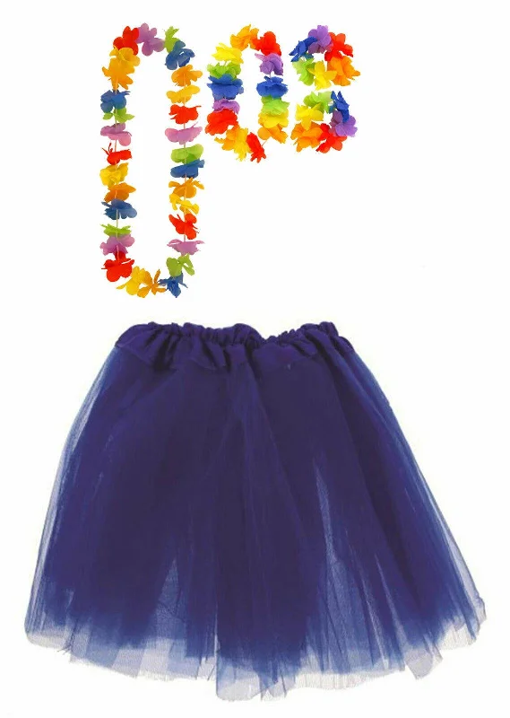Blue Tutu Net Skirt with Satin Band 4 Pcs Hula Lei Set Hawaiian Fancy Dress