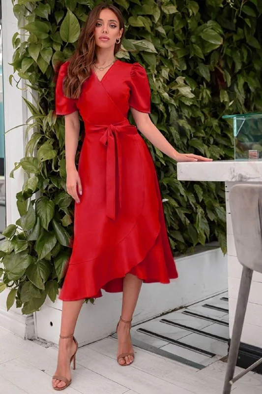 Double Breasted Collar Short Sleeve Flounce Belted Midi Length Dress