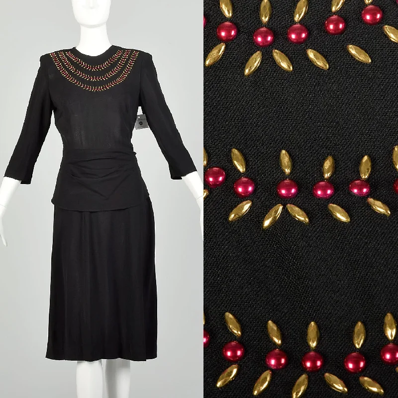 XS 1940s Little Black Dress Rayon Studs Quarter Length Sleeve