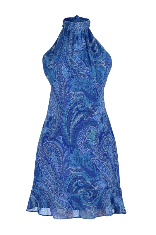Blue Stand Up Collar Printed Dress TWOSS23EL02293
