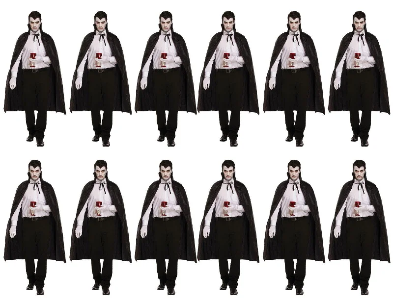 Pack of 12 Black Dracula Long Capes with Collar - Halloween Unisex Scary Vampire Fancy Dress Costume Accessories