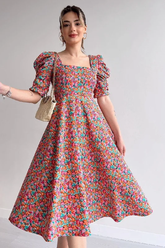 Women's Crepe Fabric Short Sleeve Square Collar Midi Length Floral Printed Summer Dress 080