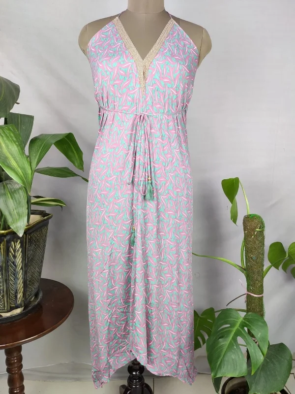Boho Recycle Silk Magic Summer Maxi Halter Dress | Pink Turquoise Hue Garden