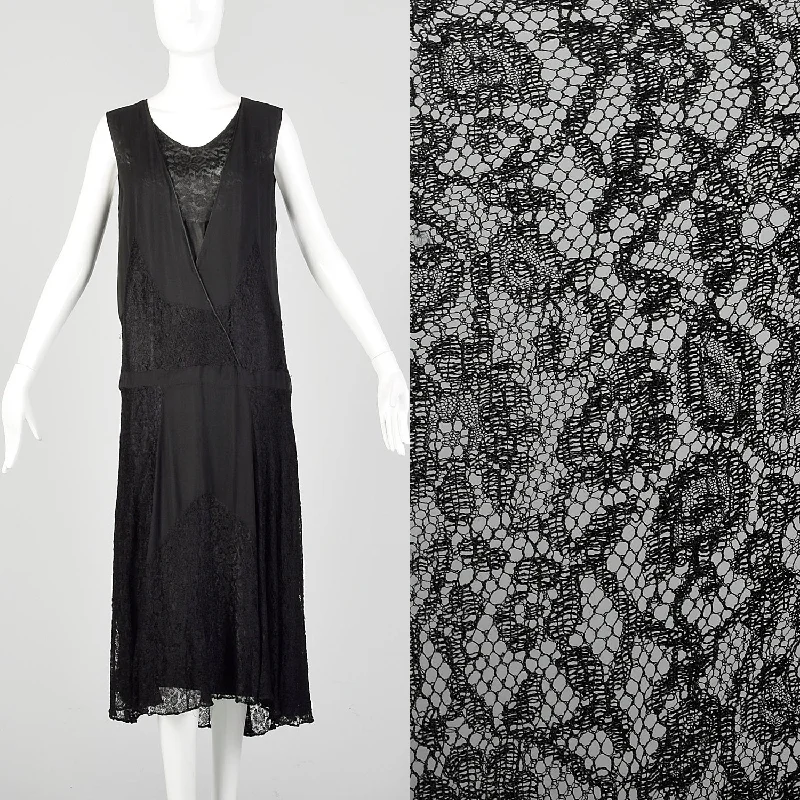 Medium 1920s Black Silk Dress Lace Panel Elegant Sleeveless Evening