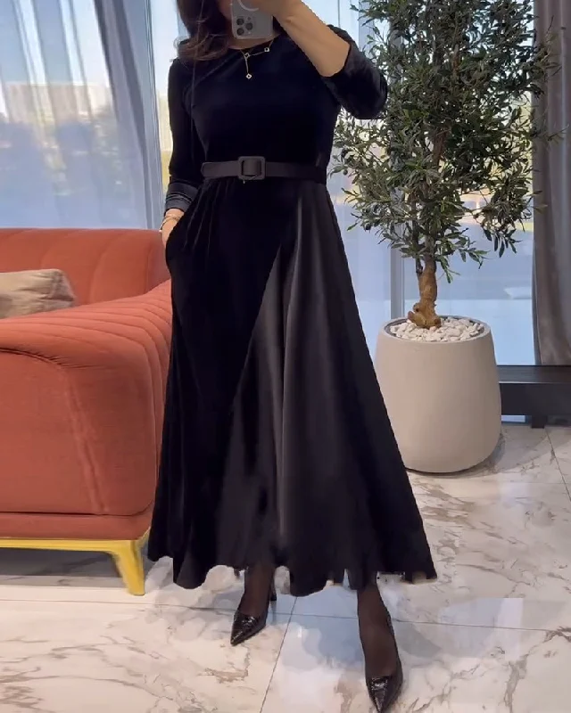 Elegant velvet stitching long swing solid color dress