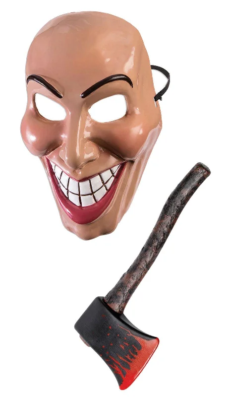Female Evil Grin Purge Mask Creepy Smiling with Bloody Axe Prop Halloween Scary Purge Fancy Dress Costume Set