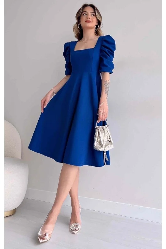 Women's Crepe Fabric Short Sleeve Square Collar Midi Length Flared Cut Sax Blue Dress 080
