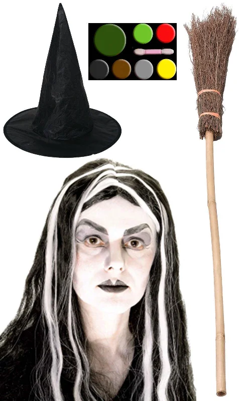 Scary Witch Fancy Dress Costume Set - Witch Hat Mortisha Wig Broom Stick Makeup Palette