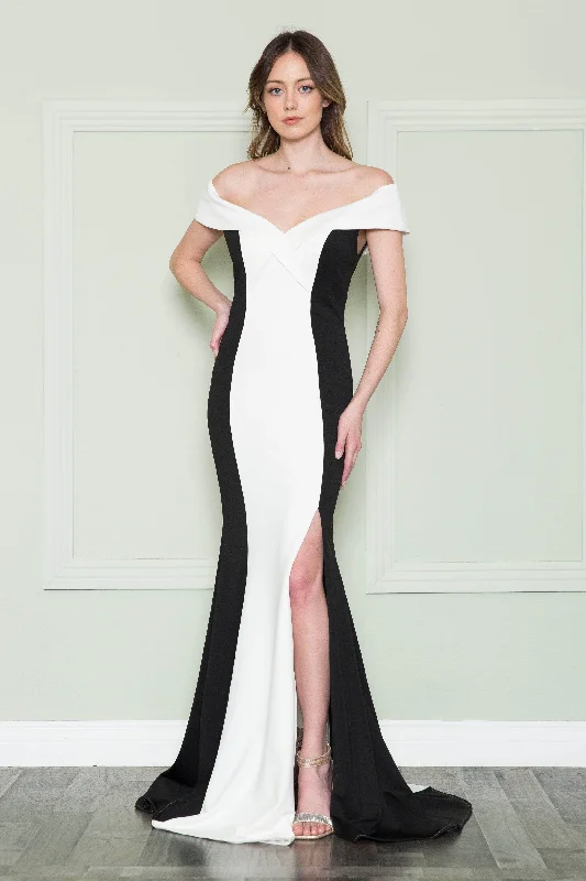 Poly USA 8924 - Off Shoulder Front Slit Dress