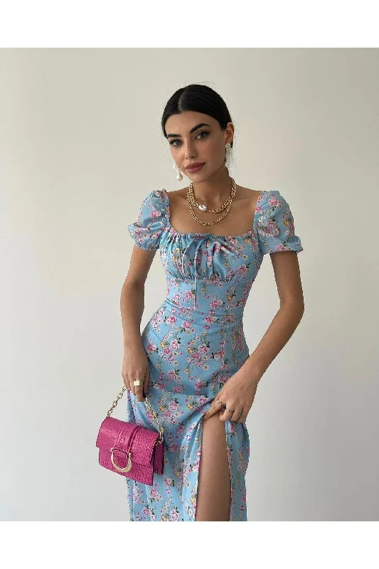 Blue Pink Floral Midi Length Slit Dress