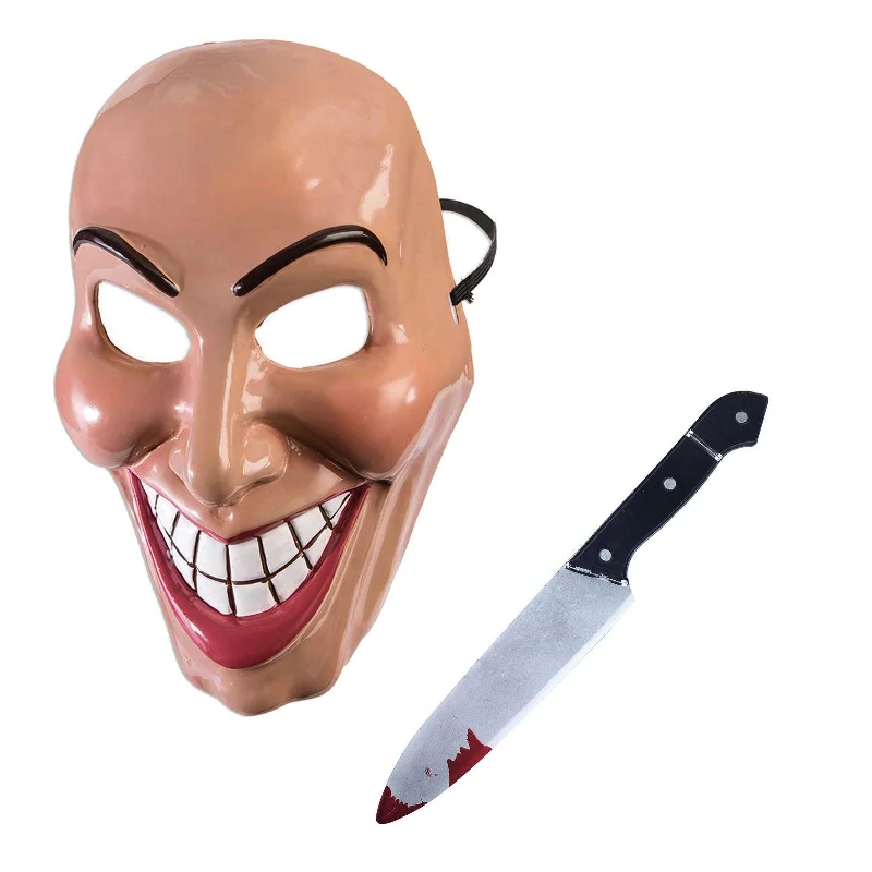 Female Evil Grin Purge Mask Creepy Smiling Face Mask Blood Splattered Plastic Knife 31 Cm Halloween Scary Purge Fancy Dress Set