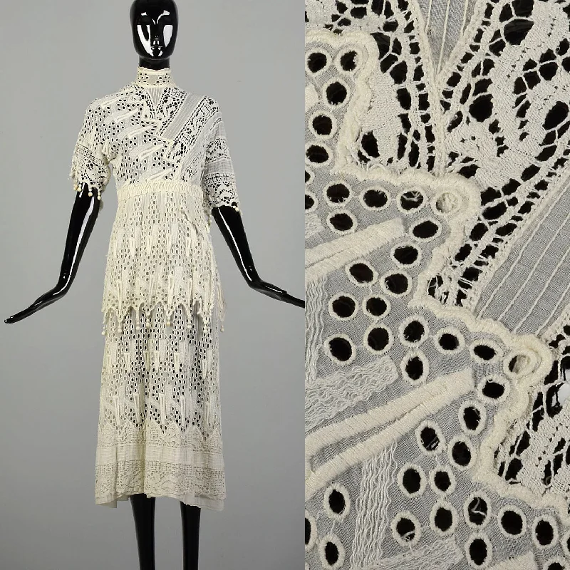 XS 1910s Cotton Lace Dress Pom Pom Fringe Cotton Lace Gauze