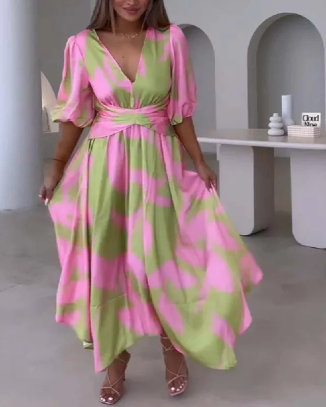 Deep V half-sleeve printed elegant dress