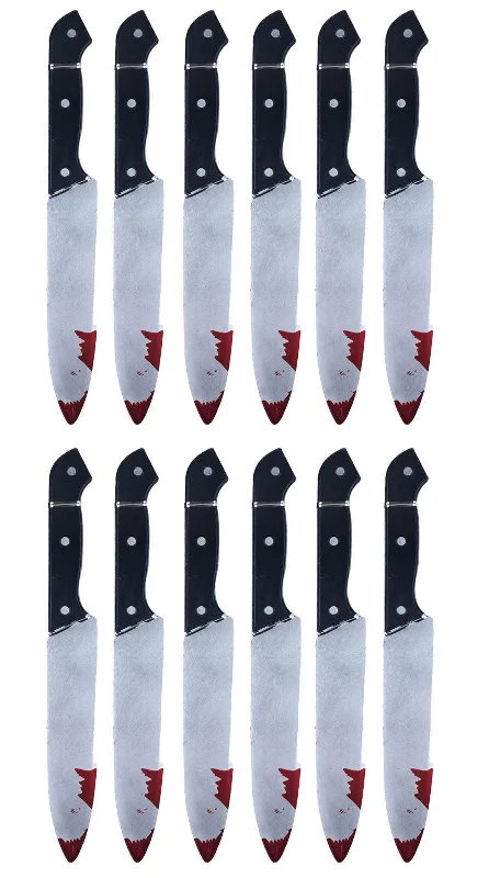 Bundle of 12 Realistic Bloodied Plastic Knife Weapon Props - 31 cm Halloween Horror Killer Party Fancy Dress Costume Accessories