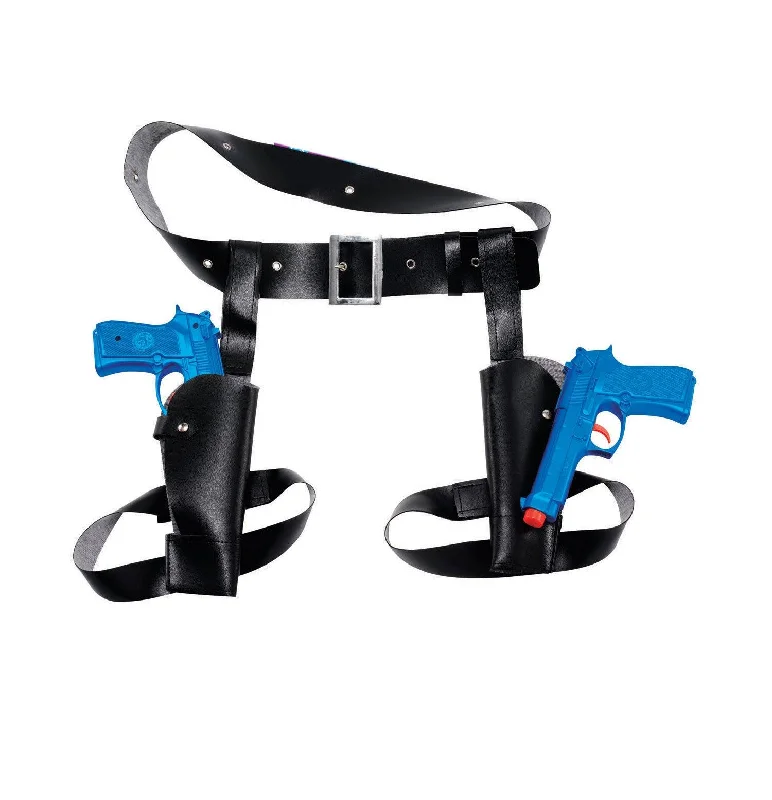 Black Thigh Twin Holster Set with Realistic Fake Guns - Lara Croft and Cowboy Fancy Dress Party Toy Prop