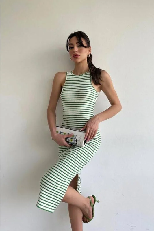 Green Striped Midi Length Pencil Dress (zck0486)