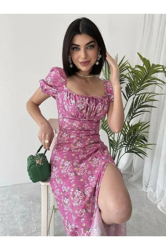 Pink Floral Midi Length Slit Dress