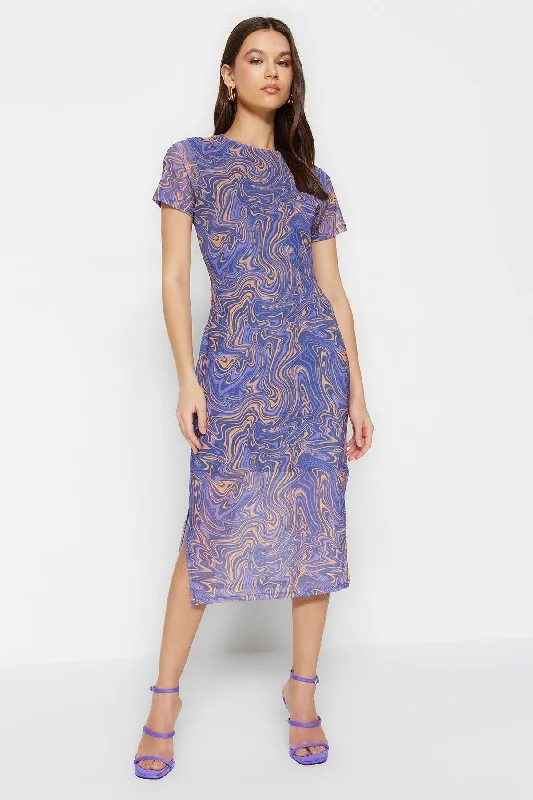 Blue Printed Midi Tulle Dress TWOSS23EL01791