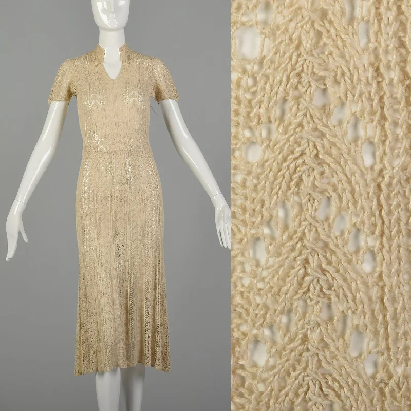 XS 1930s Hand Knit Dress Bohemian Sheer Cotton Short Sleeves