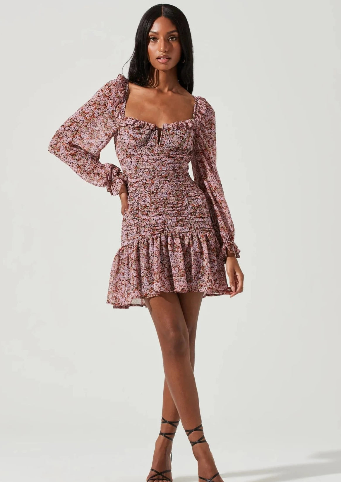 long sleeve floral print shirred dress