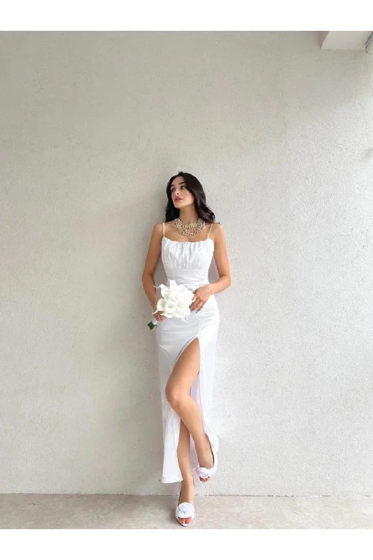Thin Strapped Bust Draped White Satin Dress