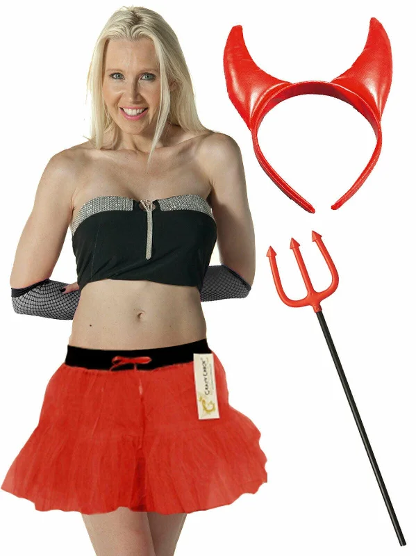 Red Devil 2 Layer Tutu PVC Horns Plastic Trident Halloween Fancy Dress Set