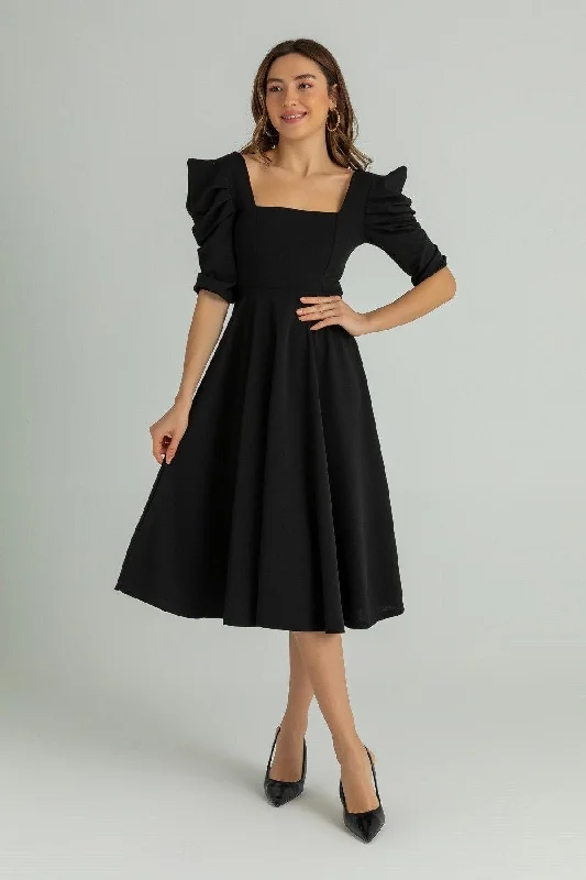 Women's Crepe Fabric Short Sleeve Square Collar Midi Length Black Dress 080