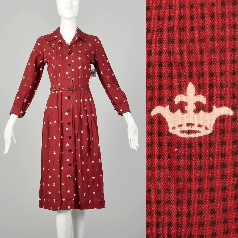 Medium 1950s Day Dress Cotton Novelty Print Casual Long Sleeve
