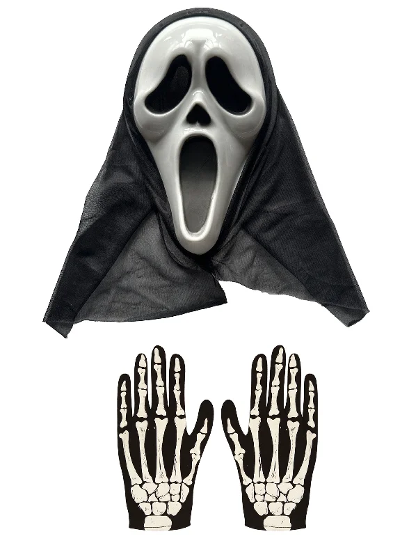 Ghost Killer Hooded Scream Mask and Adults Skeleton Gloves with Bone Print - Halloween Horror Day of the Dead Fancy Dress Set