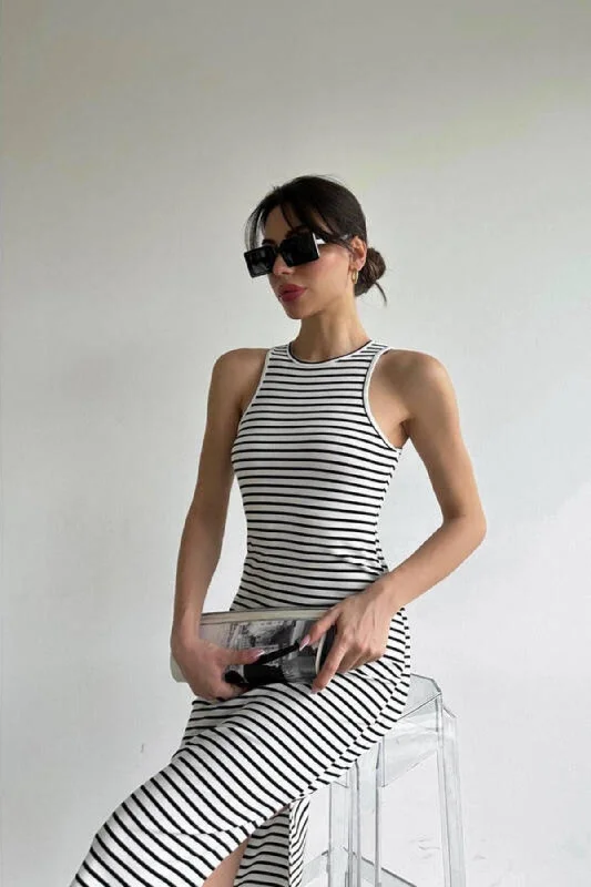 Black and White Striped Midi Length Pencil Dress (zck0486)