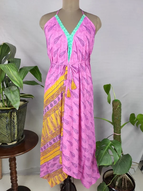 Boho Recycle Silk Magic Summer Maxi Halter Dress | Pink Turquoise Persian Print