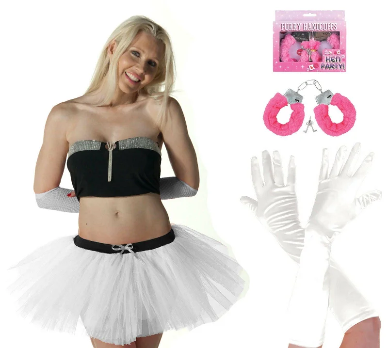 Ladies White Tutu Skirt Satin Gloves Fur Handcuffs Hen Stag Fancy Dress Costume
