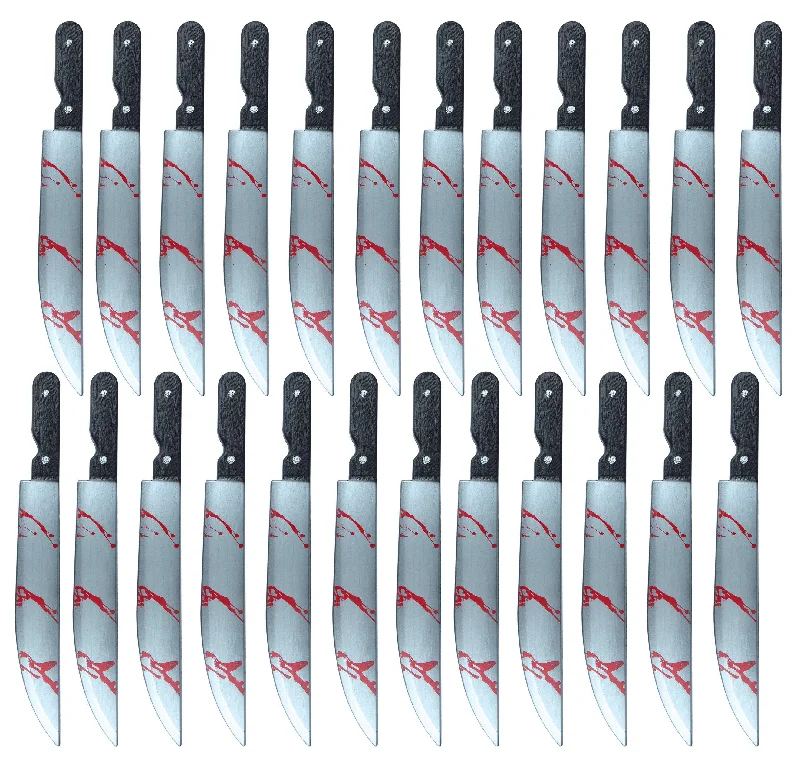 Pack of 24 Fake Blooded Long Kitchen Knife Plastic Props - 50 cm - Halloween Horror Scary Spooky Fancy Dress Party Costume Accessory