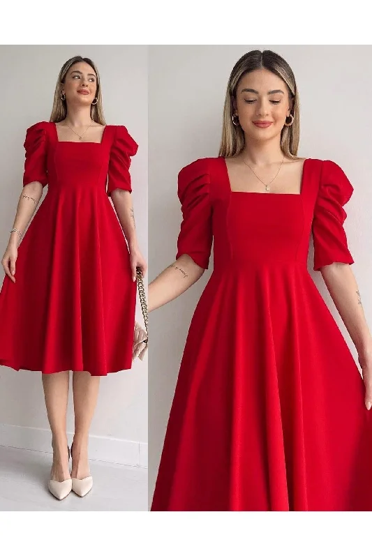 Women's Crepe Fabric Short Sleeve Square Collar Midi Length Red Dress 080