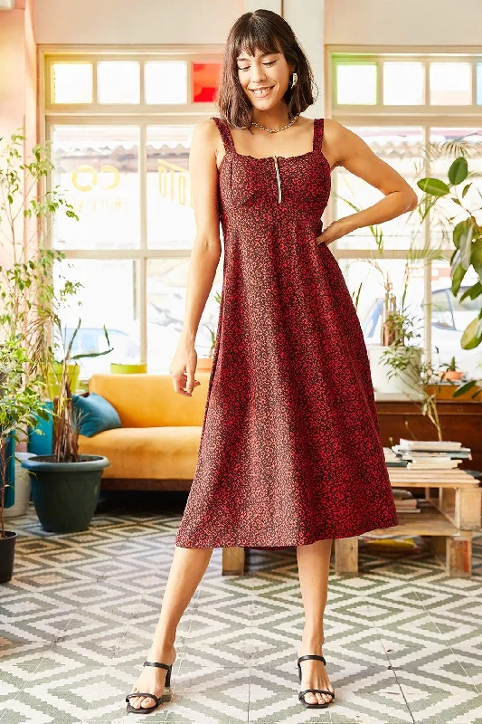 Women's Red Zipper Patterned Dress ELB-19000615
