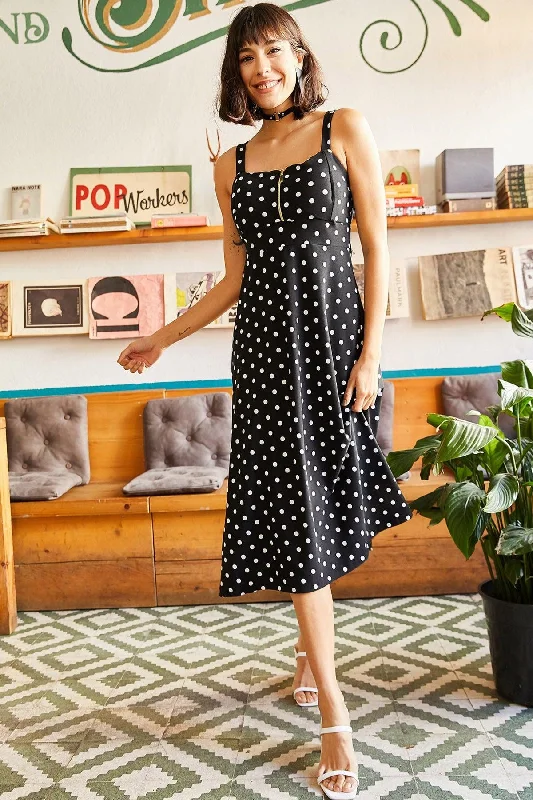 Women's Black Polka Dot Zippered Big Palm Pattern Dress ELB-19000615