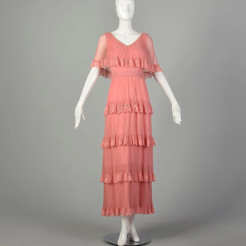 Medium 1970s Miss Elliette Dress Pleated Tiered Maxi Gown Pink Lace Capelet