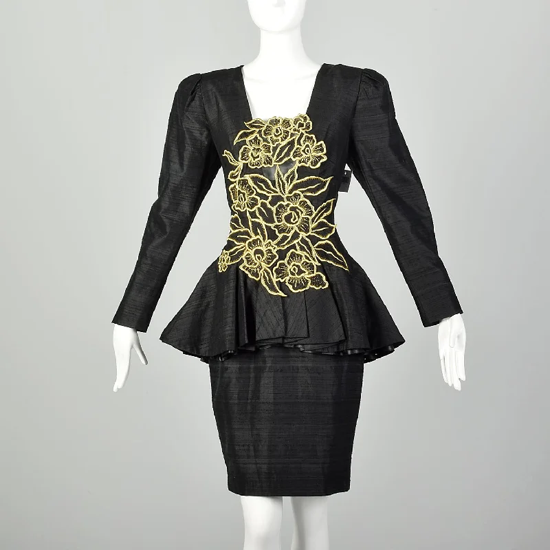 Medium 1980s Black Silk Dress Gold Beaded Appliqué Cocktail Peplum