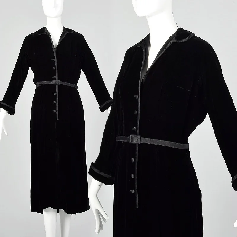 1950s Medium Mollie Parnis Dress Black Velvet Evening Gown Silk Satin Long Sleeve